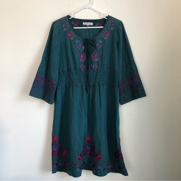 Johnny Was Dresses & Skirts - Johnny Was 3J Workshop Blue Stripe Embroidered Dress Size Medium